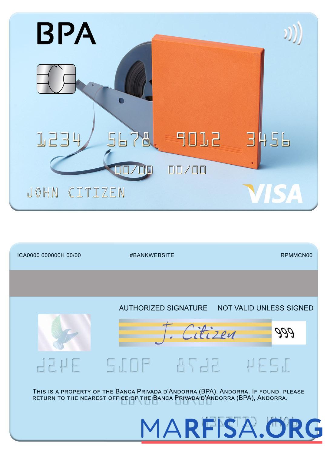 Printable Andorra Banca Privada d'Andorra (BPA) visa card sample